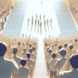 DALL·E 2024-05-23 11.46.03 - A minimalist anime style drawing of a high-angle shot of a crowd clapping and cheering as a volleyball team walks into the gymnasium. The scene captur