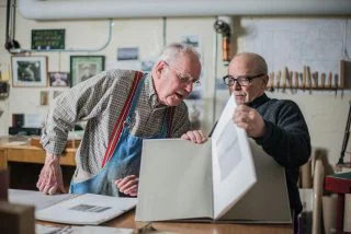 Gary Green with Chuck Ferguson at Colby College while working on the prototype of the book 'After Morandi', that led to its publication